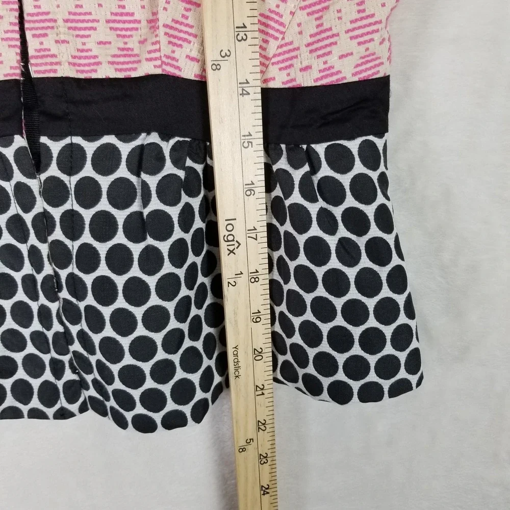 Anthropologie Elevenses Peplum Jacket Women 2 Pink Black Polka Dot Short Sleeve